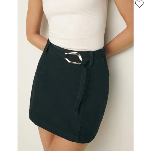 Reformation Tatiana Belted Denim Mini Skirt Black High Waisted Sz 26 NEW - Picture 1 of 7